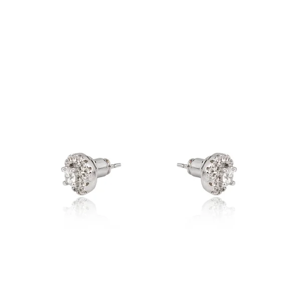 Pair of silver diamond earrings isolated on white — Stock Photo, Image