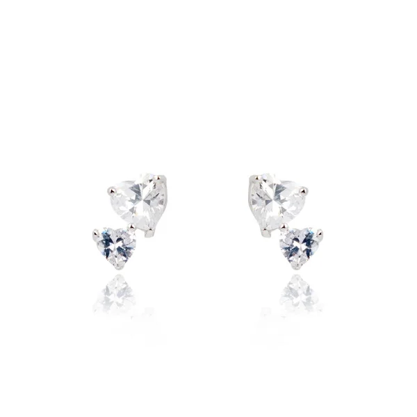 Pair of silver diamond earrings isolated on white — Stock Photo, Image