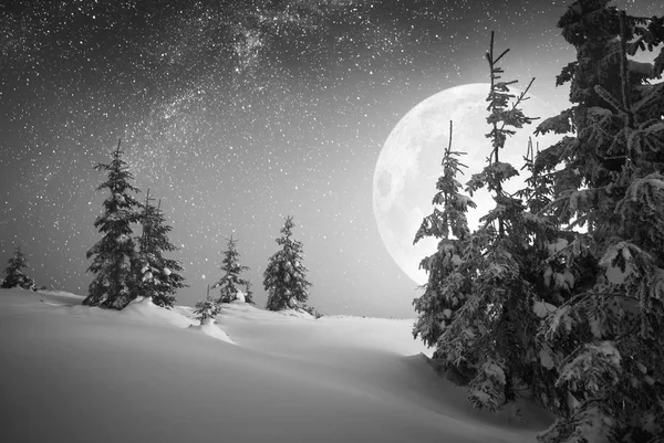 Luna llena subiendo sobre el valle del invierno. Blanco y negro — Foto de Stock