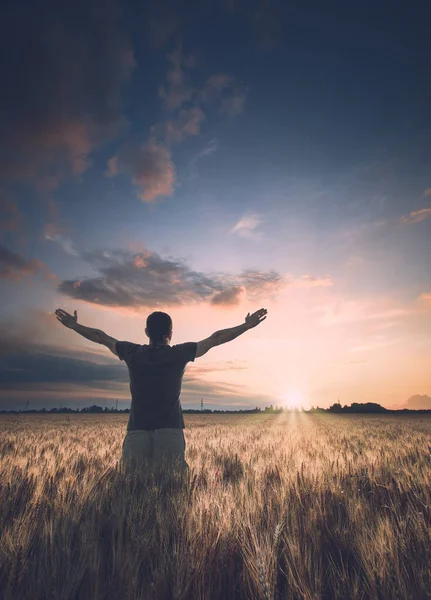 Man with raised hands stay in a wheat field. Instagram stylizati — Stock Photo, Image