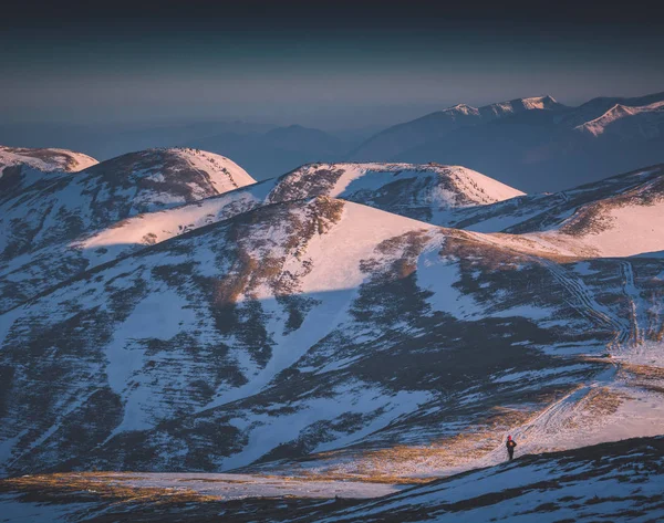 Турист останавливается на холме в Карпатской горной долине. Instagram — стоковое фото