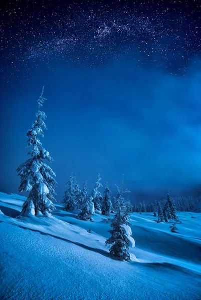 Valle de la montaña cubierto de nieve en una luz de luna — Foto de Stock