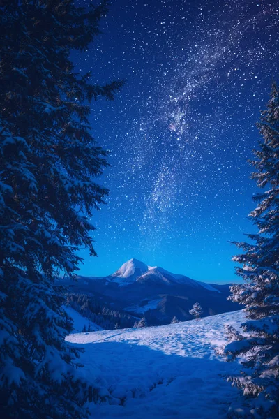 De Melkweg in een nachtelijke hemel boven de eenzame berg — Stockfoto
