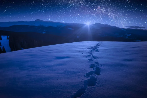 Зимней ночью в карпатском горном валу со многими — стоковое фото