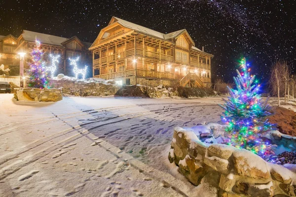 Yard illuminated by christmas lights