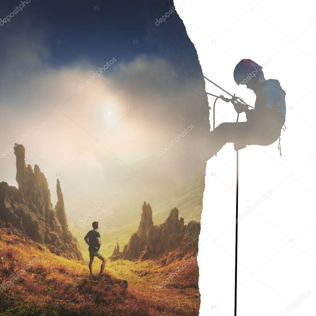 Climber on a cliff and hiker in a mountain valley