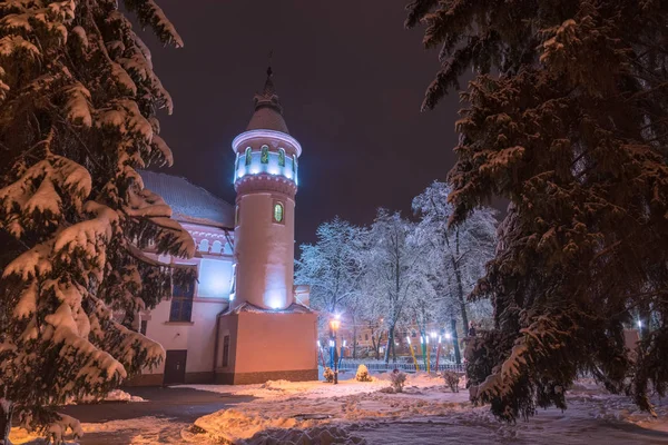 Величественная зимняя ночь в европейском городе — стоковое фото