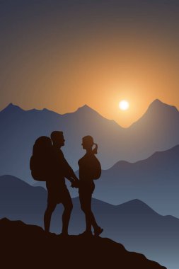 Sırt çantalı iki yürüyüşçü dağlarda gün doğumuna karşı el ele tutuşuyorlar. Seyahat ve macera konsepti. Vektör illüstrasyonu.