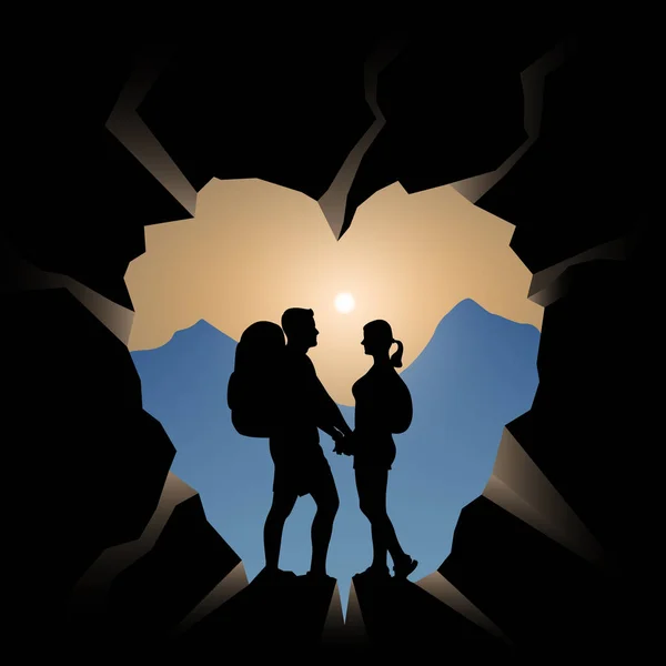 Par Excursionistas Una Cueva Montaña Forma Corazón Contra Amanecer Concepto — Archivo Imágenes Vectoriales