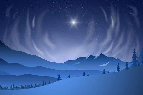 Dağ Vadisinde Yıldızlı Bir Gökyüzünde Dolunay Olan Görkemli Bulutlar Noel — Stok Vektör