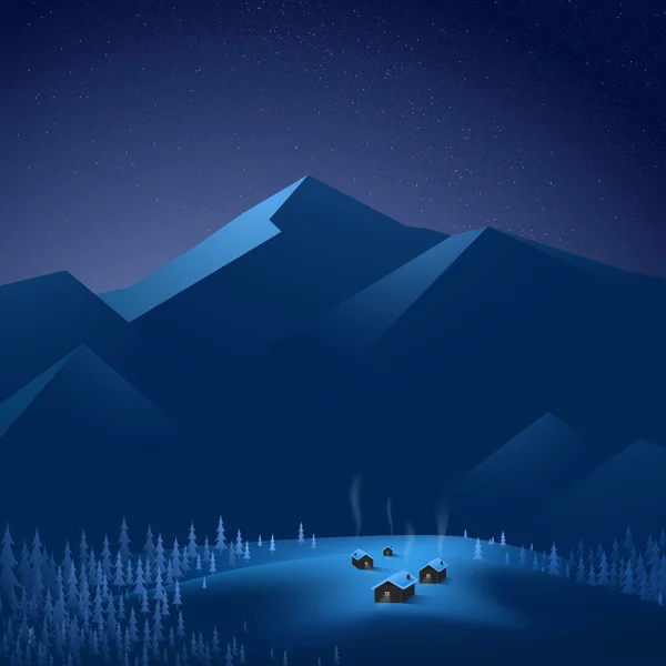 高山上覆盖着新雪的小山上的高山村 蓝月的光芒照亮了高山山谷 圣诞冬夜 矢量幻象Eps — 图库矢量图片