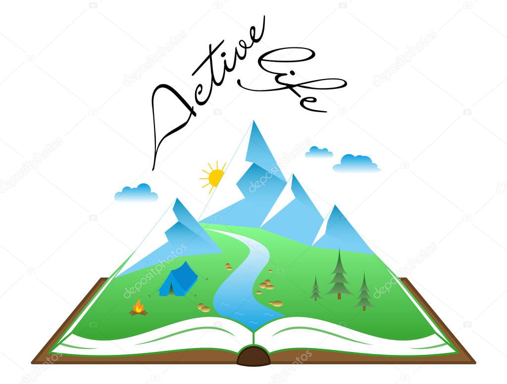 Nature landscape on a pages of an opened book. Outdoor traveling, summertime adventure. Camping logo. Vector illustration, EPS 10.