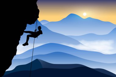 Güneşin doğuşuyla sisli dağ vadisinde bir uçurumun tepesindeki dağcı silueti. Ekstrem sporlar. Vektör çizimi. Eps 10.