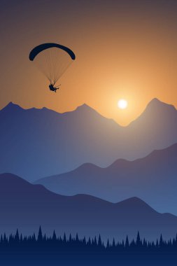 Silhouette of flying paraglider take a selfie with action camera above the high mountains in a light of sunrise. Vector illustration, EPS 10. clipart