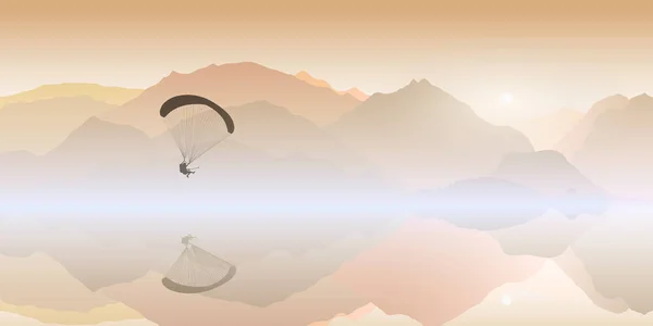 Uçan Paraglider Silueti Güneş Doğarken Dağ Gölünün Tepesindeki Aksiyon Kamerasıyla — Stok Vektör