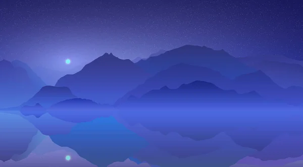 Lever Pleine Lune Dessus Des Montagnes Bleues Distang Reflétées Dans — Image vectorielle