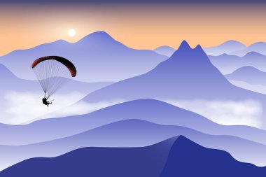 Uçan paraglider silueti güneş doğarken yüksek dağların tepesindeki aksiyon kamerasıyla selfie çeker. Vektör illüstrasyonu, Eps 10.