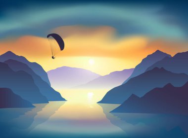 Uçan paraglider silueti. Gün doğumunda dağ gölünün tepesindeki aksiyon kamerasıyla selfie çekiyorlar. Vektör illüstrasyonu, Eps 10.