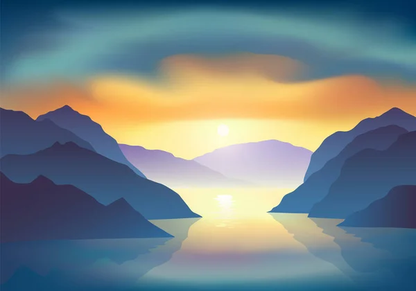 山の湖の上に壮大なカラフルな雲と日の出 ベクターイラスト Eps — ストックベクタ