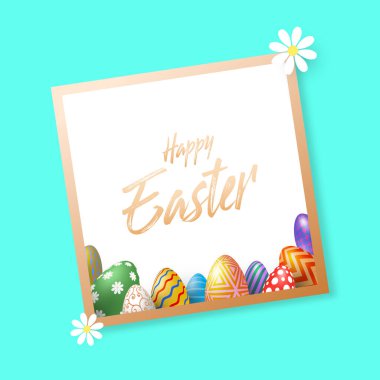 Holiday background with various Easter eggs on a paper under the golden frame. Vector Illustration, EPS 10.