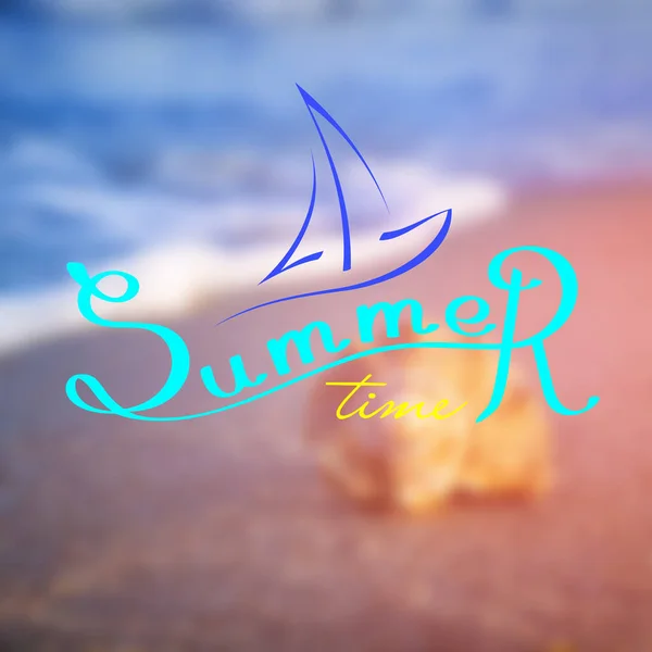 Summer Time Handwritten Lettering Card Blurred Sea Background Vector Illustration — Stock Vector