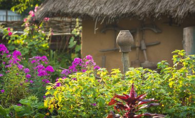 Samandan çatılı, otantik Ukrayna evinin çiçek bahçesi. Ukrayna ormanları.