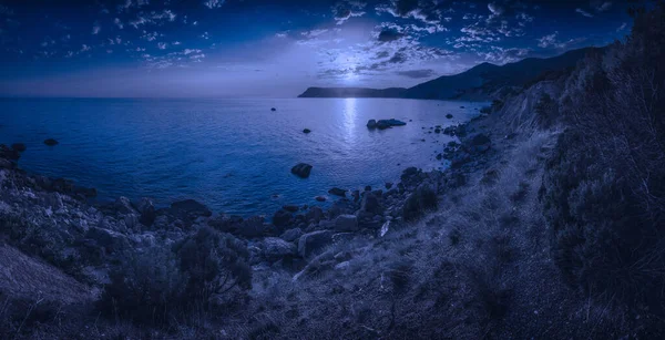 Panorama Costa Mar Crimea Por Noche Con Luna Llena Que — Foto de Stock