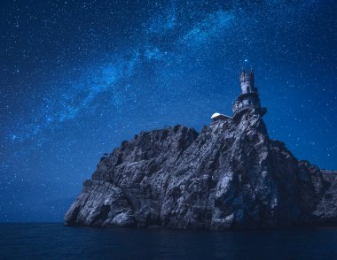 Gece yıldızlı gökyüzünün altında, denizin üzerindeki uçurumda Yuva Yuvası şatosu. Kırım, Ukrayna.