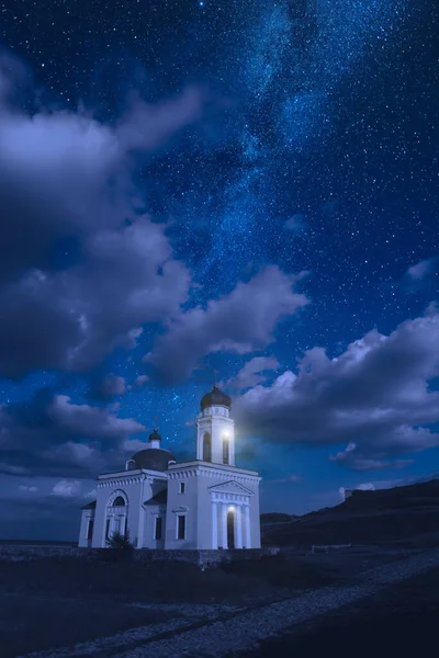 Iglesia Alexander Nevsky Khotyn Bajo Cielo Estrellado Noche Ucrania Hora — Foto de Stock
