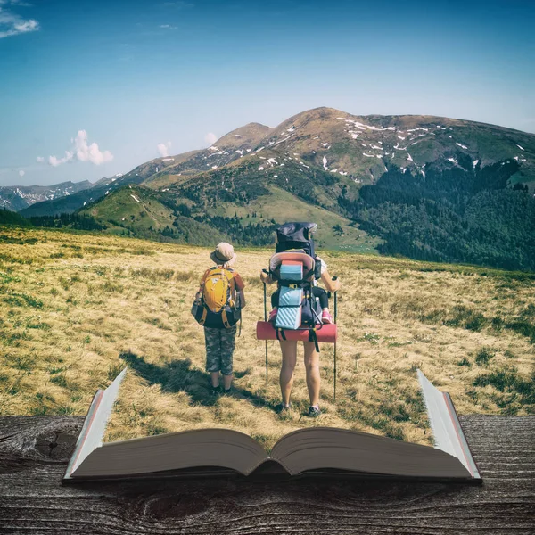 Active Family Hikers Carpathian Mountains Pages Open Magical Book Travel — Stock Photo, Image