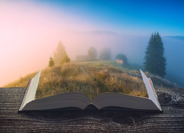 The small wooden house in a morning fog on a pages of an open book.