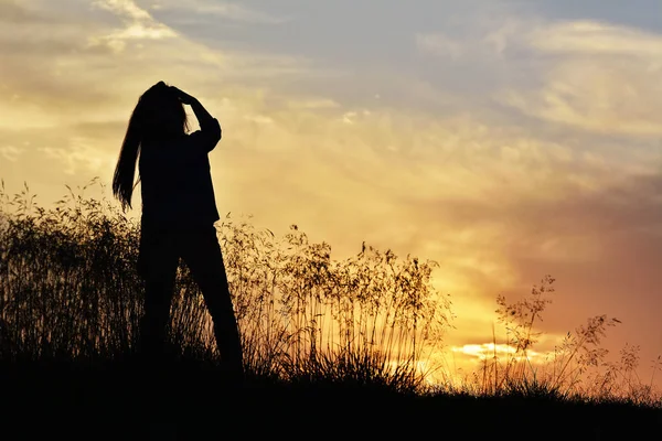 Bella donna sul campo al tramonto, sera d'estate — Foto Stock