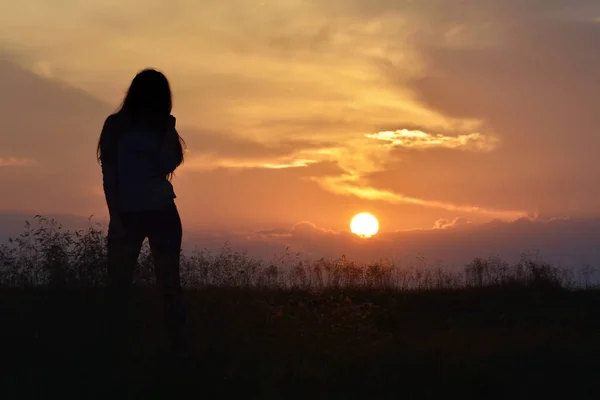 Bella donna sul campo al tramonto, sera d'estate — Foto Stock