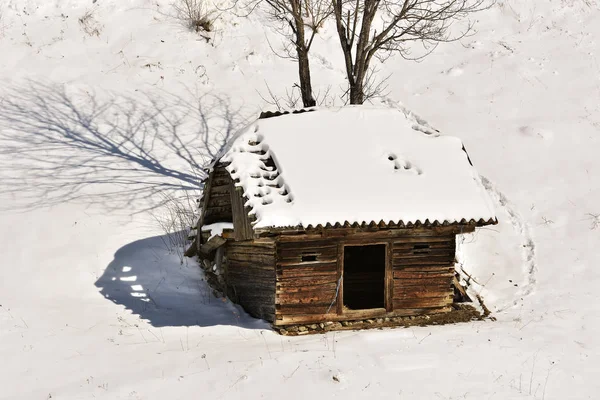 Зимний пейзаж с деревянной хижиной в горах в Бучеги. Румыния, Карпаты — стоковое фото