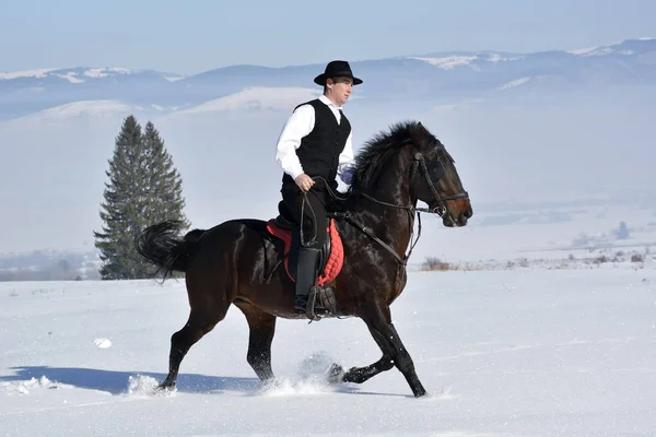 若い男が馬を冬に屋外に乗って — ストック写真