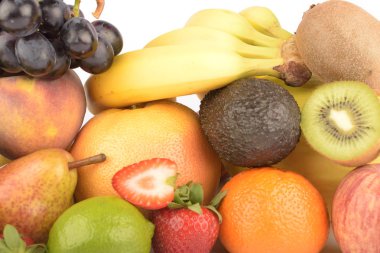 Beyaza izole edilmiş egzotik meyve çeşitleri