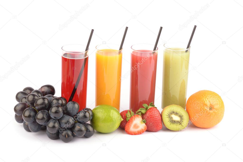 Fresh fruit juices on white