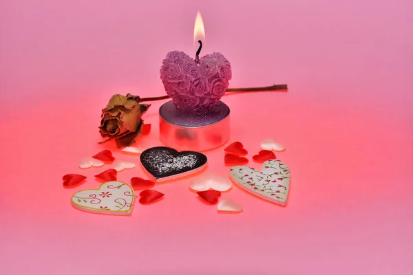 rose, candle and hearts romantic background for congratulation