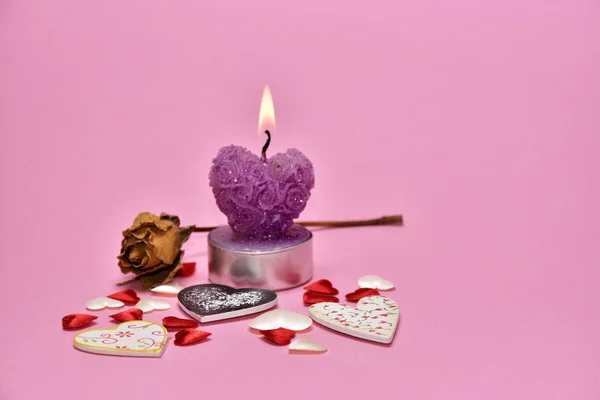 rose, candle and hearts romantic background for congratulation