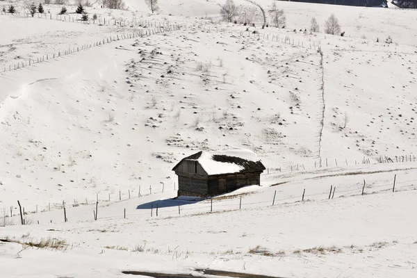 Bucegi Dağları içinde ahşap kulübe ile kış manzara. Romanya, Karpat Dağları