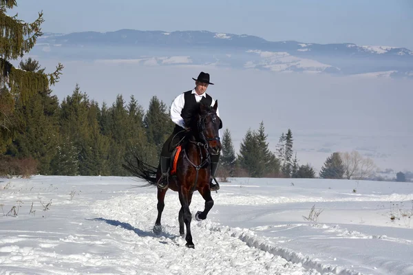 Joven montar a caballo al aire libre en invierno — Foto de Stock