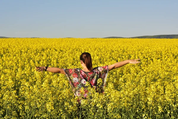 İlkbaharda çiçek açan kolza tohumu sahada genç mutlu kadın