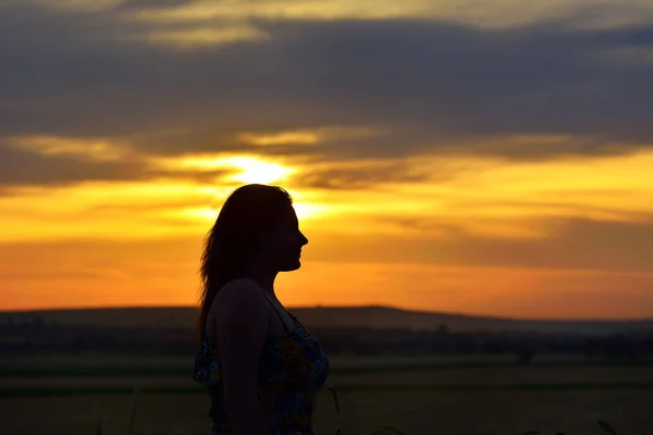 Silhouette di una giovane donna in piedi nel campo di erba secca al tramonto — Foto Stock