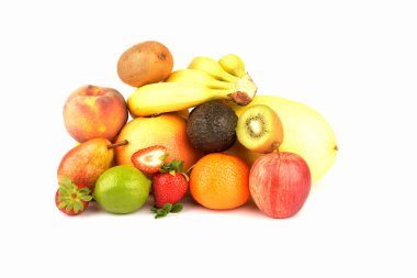 Beyaza izole edilmiş egzotik meyve çeşitleri