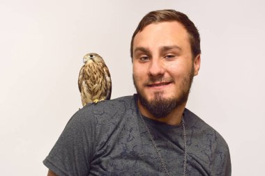 Bir adamın omzuna kerkenez (Falco tinnunculus)