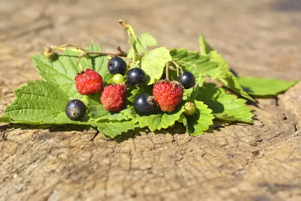 Siyah frenk üzümü ve yaprak ile ahşap üzerine yabani çilek