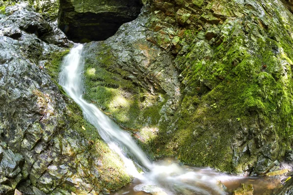 Pequeña cascada de montaña en las rocas cubiertas de musgo en el bosque. procesado en Nik Color Efex Pro — Foto de Stock