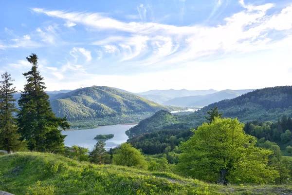 ภูมิทัศน์ฤดูร้อนที่มีสนามสีเขียวทะเลสาบและท้องฟ้าสีฟ้า นิวแฮม โรมาเนีย รูปภาพสต็อก