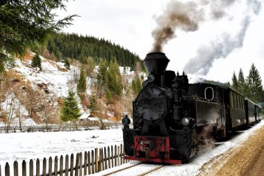 Çalışan lokomotif Mocanita (Maramures, Romanya, ahşap yakma).