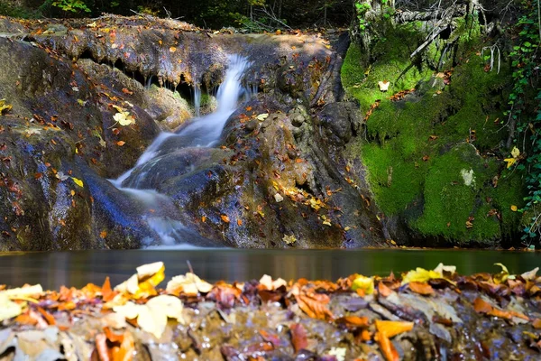 Vodopád v Cheile Nerei národním parku, La Vaioaga - horské bystřiny mezi mechem kameny — Stock fotografie